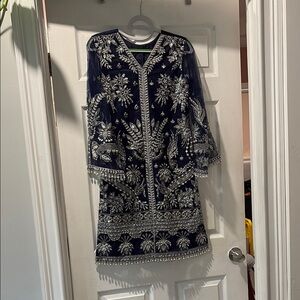 Pakistani brand Saffron Blue and Silver Long Sleeve Dress